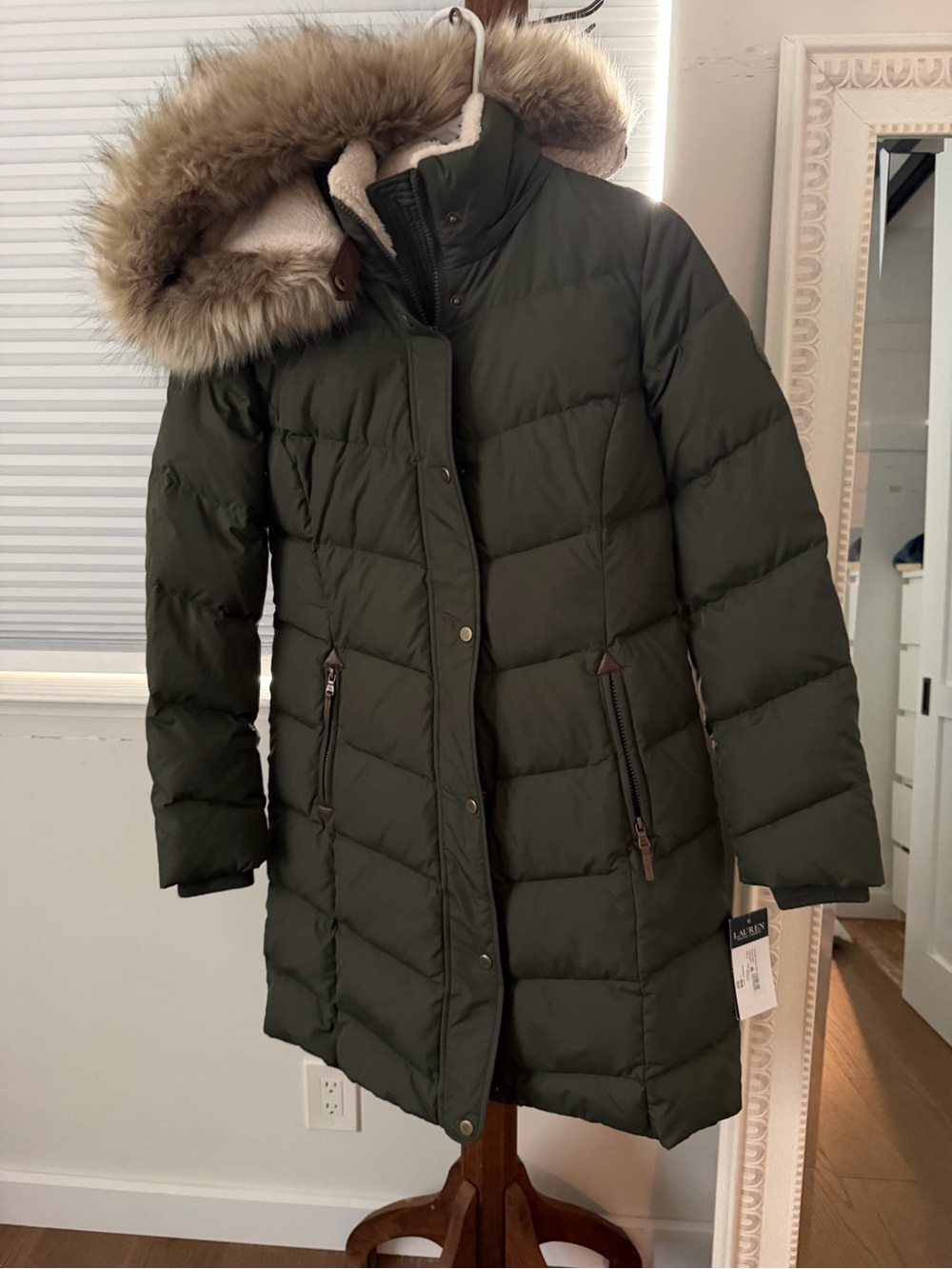 Polo by Ralph Lauren Olive Green Quilted Puffer Coat with Faux Fur Hood